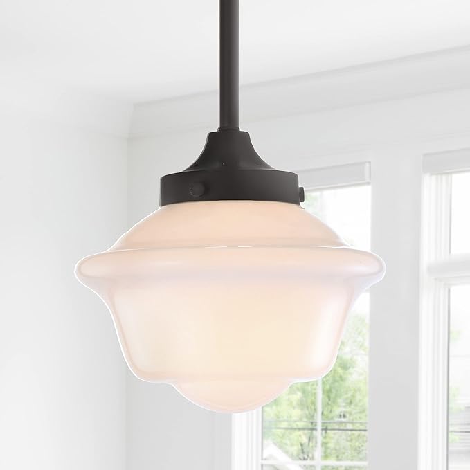JONATHAN Y 7.25" Oil Rubbed Bronze Modern Schoolhouse LED Pendant Light Fixture, Adjustable Drop Metal Hanging Lamp with White Glass Shade for Kitchen Island, Dining Room, Foyer (JYL3516C)