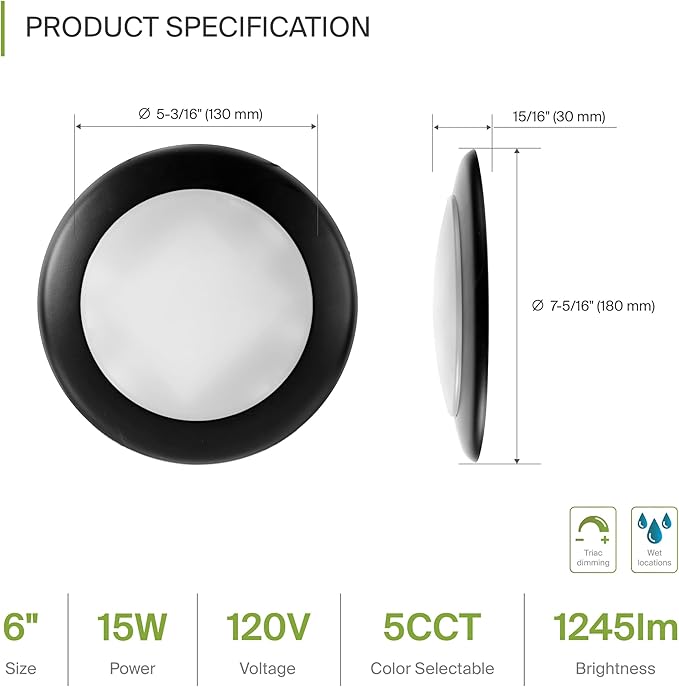 ASD 1 Pack LED Disk Lights 6 Inch, 15W 5CCT 2700K-5000K 1245LM CRI90+, Dimmable Flush Mount Ceiling Light Fixture, Low Profile Surface Mount Disc Lights, Junction Box or Recessed Can Install, UL