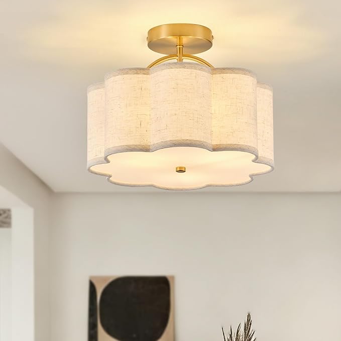 13.5" Semi Flush Mount Ceiling Light Fixture for Bedroom, 3-Light Flower-Shape Modern Close to Ceiling Light with Fabric Shade for Hallway Nursery Kitchen Island(Hemp-Color)