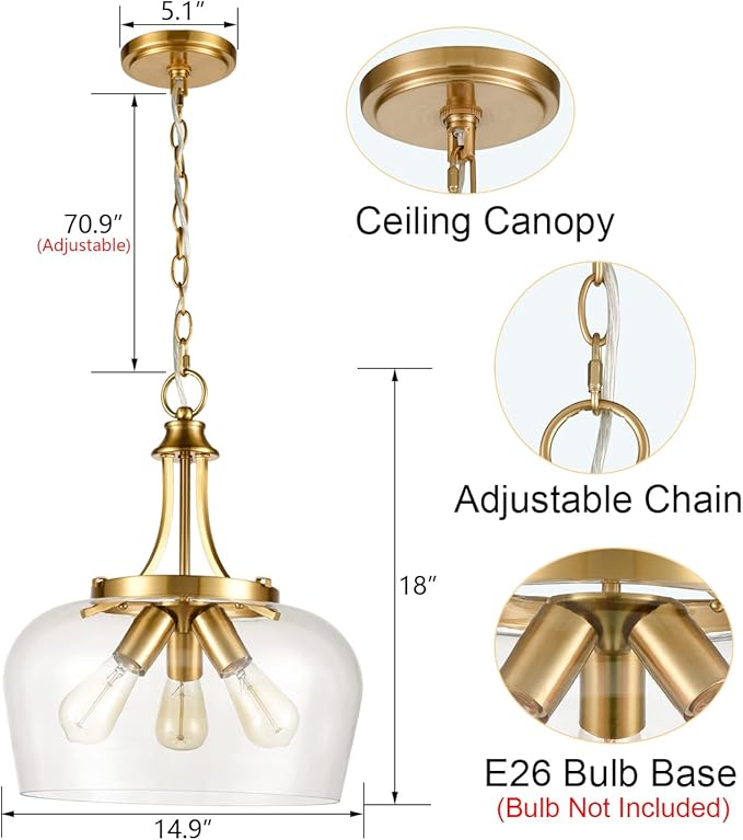 Modern Gold Pendant Lights Mid Century 3-Light Clear Glass Pendant Lighting with Adjustable Chain Hardwired Brass Glass Chandelier for Kitchen Island Dining Room