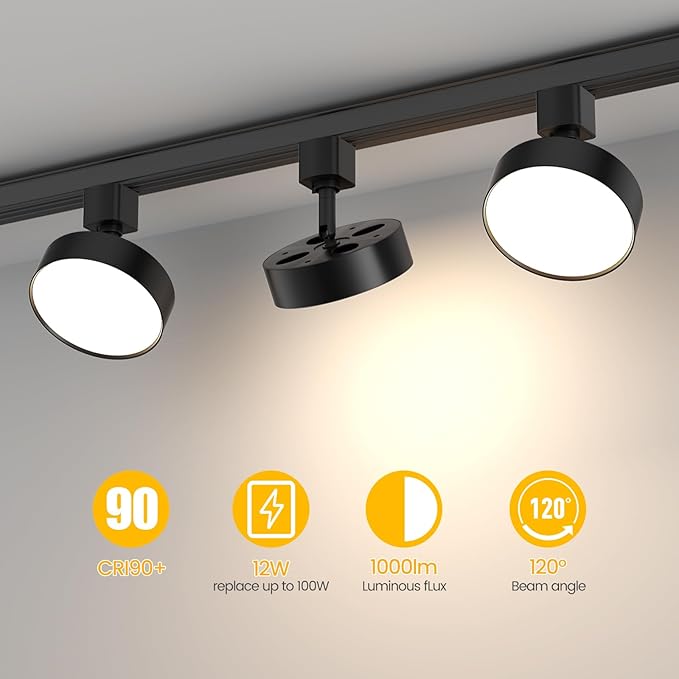 Diffuse LED Track Lighting Heads H Type Track Light Heads Dimmable Kitchen Track Lighting Fixtures Ceiling, Compatible with H Track Rails - Flicker Free CRI90+ 4000K 12W 1000lm, 4 Pack Black