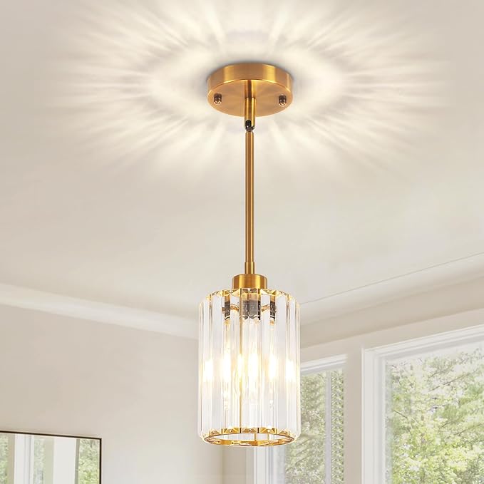 Brushed Gold Crystal Pendant Lights Kitchen Island, Modern Pendant Lighting Over Island Kitchen Hanging Light Fixtures Adjustable Mini Pendant Light for Dining Room Bathroom Entryway Hallway Foyer