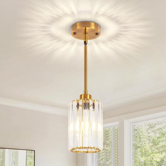 Brushed Gold Crystal Pendant Lights Kitchen Island, Modern Pendant Lighting Over Island Kitchen Hanging Light Fixtures Adjustable Mini Pendant Light for Dining Room Bathroom Entryway Hallway Foyer