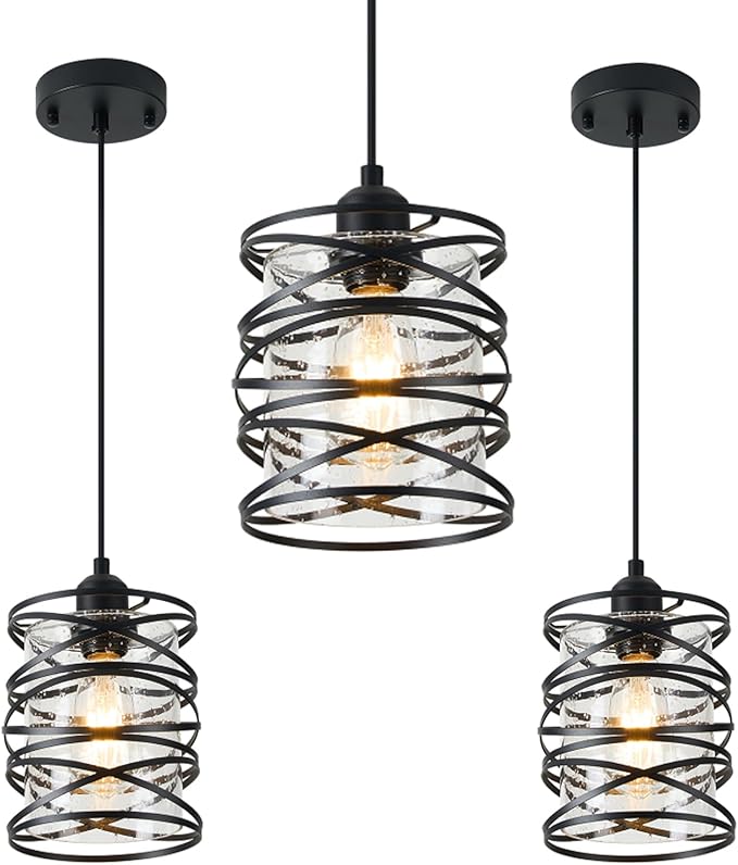 3-Pack Spiral Glass Pendant Lights Kitchen Island Mini Black Pendant Light Modern Metal Cage Handblown Seeded Glass Ceiling Hanging Lamp Adjustable Cord for Dining Room Foyer Hallway, E26