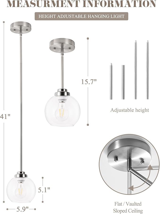 3 Pack Globe Pendant Light, Brushed Nickel Hanging Ceiling Light Fixtures with White Frosted Glass Shade, Modern House Adjustable Lights for Kitchen Island Bedroom Hallway