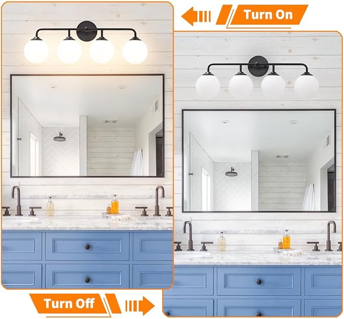 4-Lights Black Vanity Lights with Milky White Globe Glass Shade, Industrial Bathroom Wall Sconces Light over Mirror, Vanity Lighting Fixture for Bathroom Dressing Table Bedroom Living Room