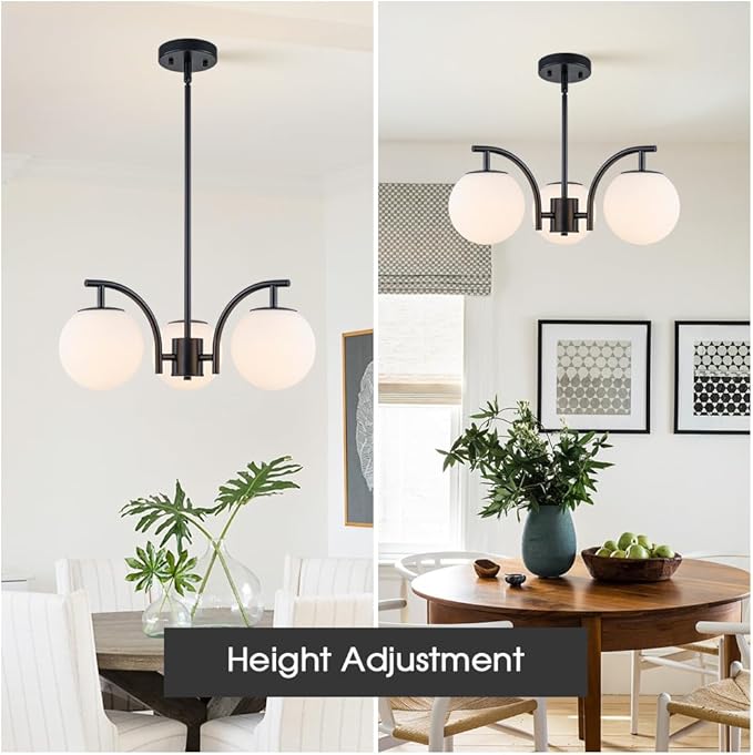Black 3 Light Globe Chandelier Modern Sputnik Hanging Light Milk Glass Pendant Light Fixture for High Ceiling Kitchen Bedroom Dining Living Room