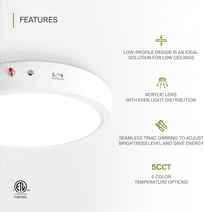 ASD LED 12" Round Flush Mount Ceiling Light Fixture, Low Profile Surface Lighting | 5CCT, Dimmable, Battery Backup, ETL Listed | 24W 2100LM 2700-6000K 120V | Kitchen, Hallway Lamp | White, 6 Pack