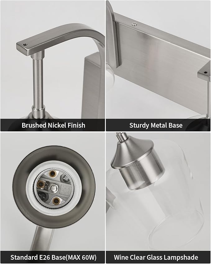 Brushed Nickel Bathroom Light Fixtures Bathroom Vanity Light with Clear Glass Shade, 2-Light Modern Wall Lights for Bedroom Hallway Living Room (E26 Base)