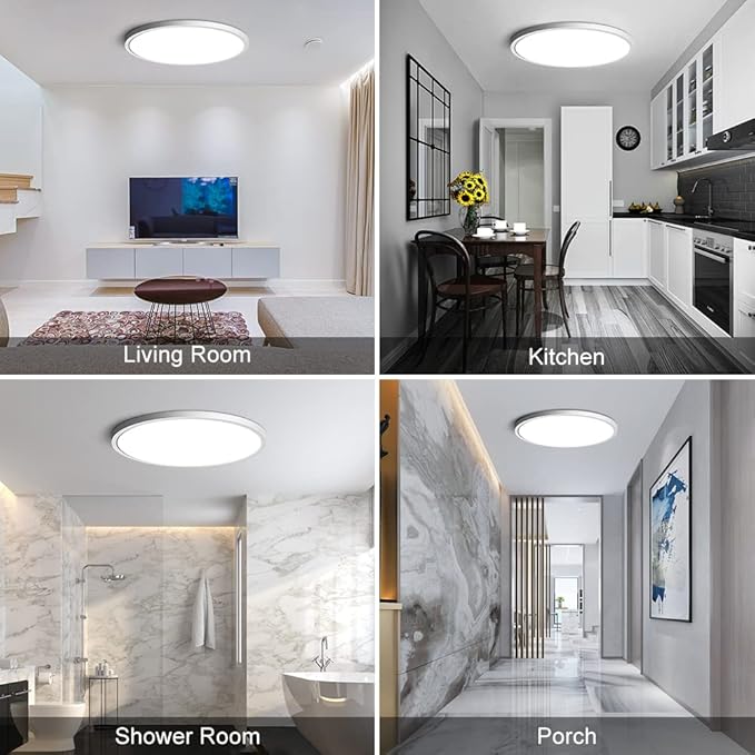 12 Inch LED Flush Mount Ceiling Light Fixture, 5000K Daylight White, 24W(240W Equivalent), 3200LM, Slim Modern Ceiling Lamp, Flat Round Ceiling Lighting for Bedroom Hallway Kitchen