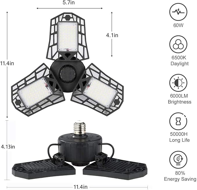 LED Garage Lights - 6000 Lumen 6500K Daylight 60W, Three Leaf Led Garage Ceiling Lights, Pack of 2