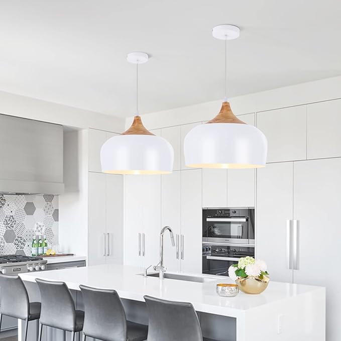 Modern Large Pendant Lights,Wooden Dome Pendant Light Fixture,Adjustable Hanging Pendant Lighting,ChandelierLamp for Kitchen Island,Dining Room,Hallway,Bedroom(White)