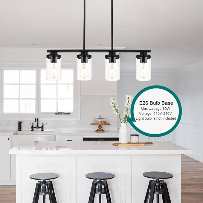 Kitchen Island Pendant Light,4-Light Dining Room Light Fixtures Over Table Vintage Black Flush Mount Ceiling Hanging Lighting with Glass Shade for Kitchen Island Dining Living Room