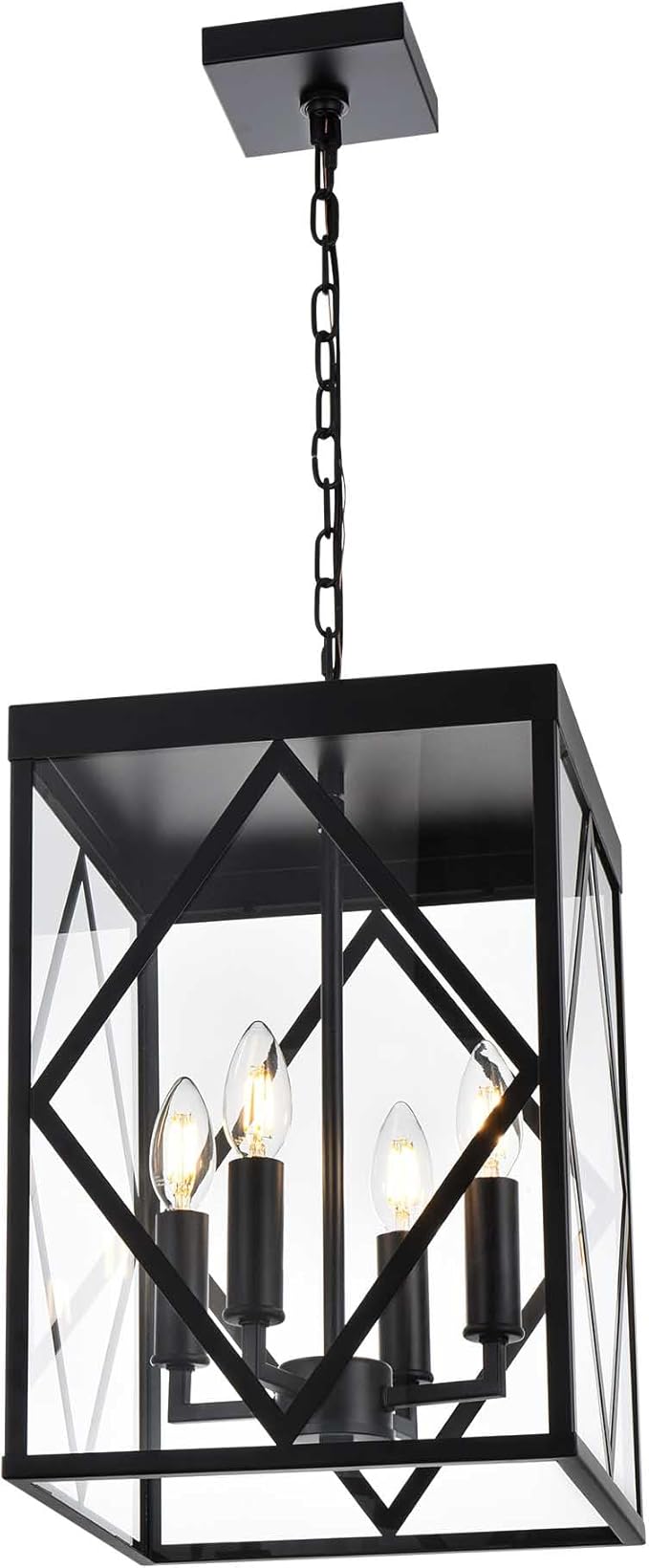 Outdoor Pendant Light 4 Lights Modern Outside Chandelier Outdoor Hanging Lantern Light with Clear Glass, Matte Black Exterior Pendant Lighting Fixture for Porch, Yard, Gazebo