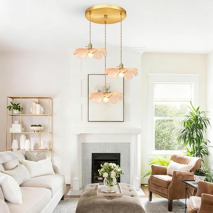 Amber Glass Pendant Chandelier, 3-Light Gold Brass Modern Light Fixture for Kitchen Island, Dining Table, Hallway & Entryway