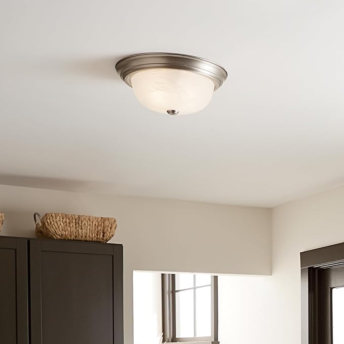 Kichler 2-Light Flush Mount Ceiling Lighting in Brushed Nickle with Alabaster Glass for Bedroom, Living Room, Kitchen and Hallway, (13.25" Dia x 5.25" H) 30 Watts, 8109NI