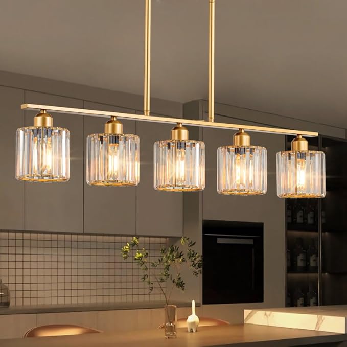 36" Chandeliers for Dining Room, Brass Pendant Lights Kitchen Island Lighting, 5-Light Gold Dining Room Light Fixture Chandeliers over Table Brushed Gold Island Lights for Kitchen, K9 Crystal Shades