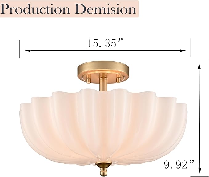 Modern Brushed Brass Gold Semi Flush Mount Light with Milky Flower Shade Ceiling Light Fixture for Living Room Bedroom Entryway