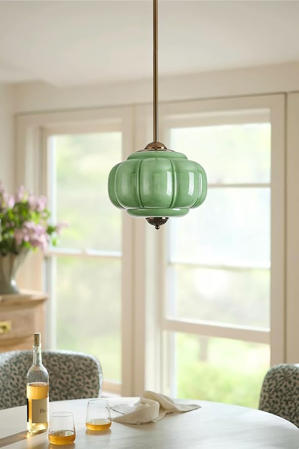 Green Milk Glass Ceiling Light Fixture, 12" Semi Flush Mount Pendant Light with Antique Brass Finish, Schoolhouse Light Fixture - Antique Chandelier for Kitchen, Hallway, Dining Room