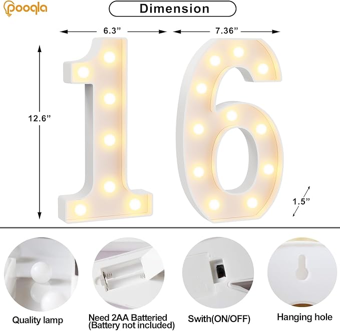 Pooqla 16th Birthday Decorations for Girls Boys, Large 12.6 in Tall Light Up Numbers for Sweet 16 Party Decorations Table Decor, Big Marquee Numbers 16th Birthday Gift for Girls Anniversary Decor