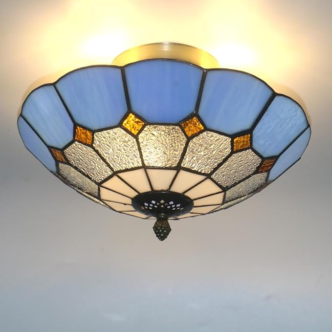 12 Inch Tiffany Style Vintage Stained Glass Ceiling Light Flush Mount Ceiling Light Pendent Chandelier Lighing Fixtures (12 Inch Blue)