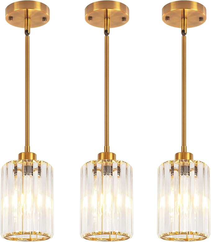 3 Pack Brushed Gold Pendant Lights Kitchen Island, Modern Crystal Kitchen Pendant Lighting Over Island Dining Room Light Fixtures Adjustable Hanging Pendant Light for Bathroom Hallway Foyer Bedroom