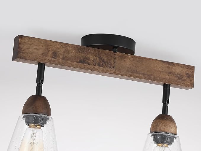 2-Light Rustic Farmhouse Glass Track Flush Mount Ceiling Light Fixture Mini Clear Seeded Glass Shade and Oak Wood Semi Flush Mount Ceiling Light for Kitchen Bedroom Hallway Entryway Sink