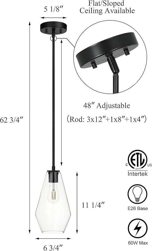 XiNBEi Lighting Glass Pendant Lighting, Modern 1 Light Kitchen Pendant Light Fixture Black Adjustable Pendant Lamp XB-P1228-MB