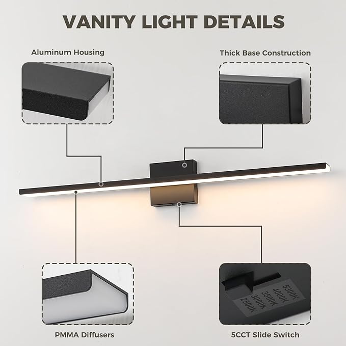 JUSHENG Black Vanity Lights for Bathroom 5CCT Dimmable Bathroom Vanity Light Fixtures LED Vanity Light Bar 31.5'' Inch 32W ETL Certificated