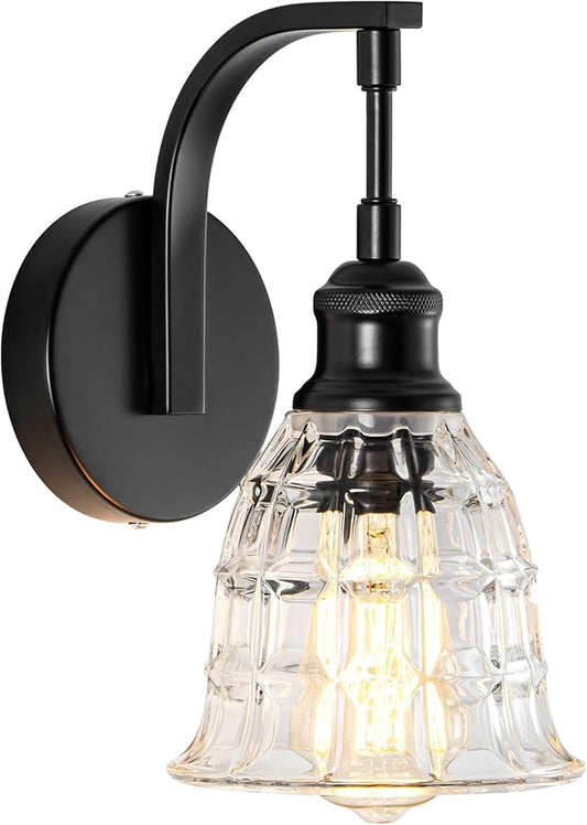 Blck Wall Sconce, Modern Matte Black Sconces Wall Lighting, Vintage Glass Light Fixtures, Indoor Wall Lamps for Bathroom Vanity Mirror Living Room Bedroom Kitchen Hallway Stairway E26 Hardwire