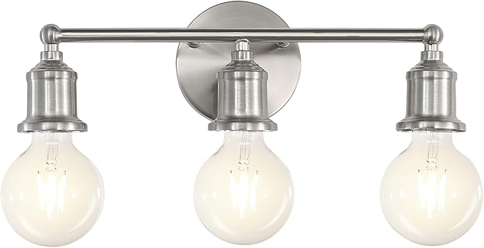 3-Light Vanity Light Fixture, Modern Brushed Nickel Wall Sconce Light Fixture, Farmhouse Silver Bathroom Wall Lighting for Over Mirror, E26 Base Wall Lamp for Bedroom (Bulb Not Included)
