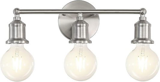 3-Light Vanity Light Fixture, Modern Brushed Nickel Wall Sconce Light Fixture, Farmhouse Silver Bathroom Wall Lighting for Over Mirror, E26 Base Wall Lamp for Bedroom (Bulb Not Included)