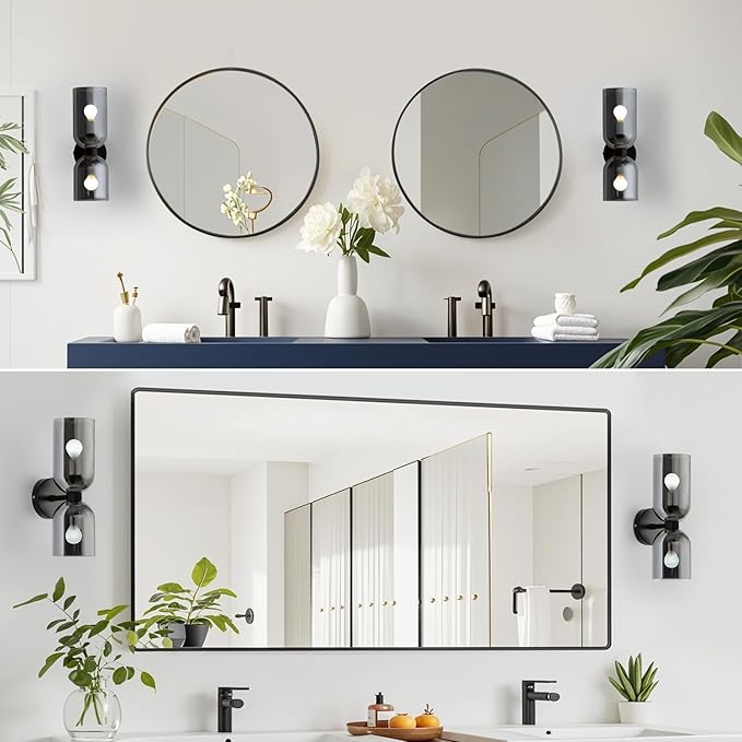 Modern Glass Wall Sconces- Double Head Wall Lighting with Long Short Glass Shades- Bathroom Vanity Light Mid-Century Up Down Hardwired Wall Lamp Indoor for Bedroom Hallway Living (Black-Gray)