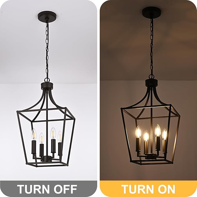 4-Light Farmhouse Lantern Chandelier, Height Adjustable Pendant Light Fixture Hanging Kitchen Lighting for Foyer Dining Room Over Table, E12 Bulb Base & Oil Rubbed Bronze