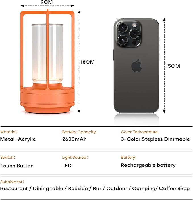 Portable Table Lamp for Indoor/Outdoor, Rechargeable Cordless Desk Lamp with Touch Sensor, 3 Way Dimmable Suitable for Bars/Cafes/Restaurants/Bedrooms/Camping Sites (Orange-2)