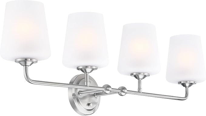 Design House Stasia Vanity Light, 4-Light, Sleek Modern Arms, Frosted Glass Glow, Dimmable, Dual-Mount Option, E26 Socket, Satin Nickel, 33.6 in L x 6.7 in W x 10.9 in H, 589309