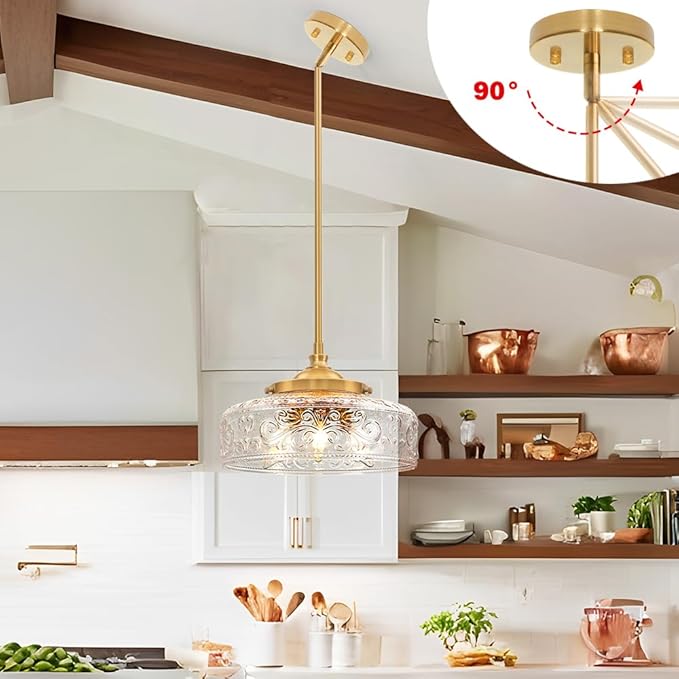 3-Light Adjustable Pendant Lights Kitchen Island, Gold Brushed Metal & Clear Glass Ceiling Pendant Light, Vintage Brass Drop Lights for Bathroom, Hallway, Convertible Ceiling Mount Or Hanging Fixture