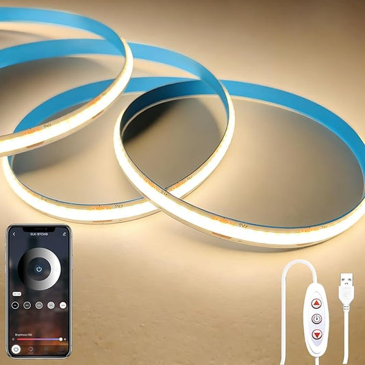 COB LED Strip Lights 5V USB Powered Dimmable LED Rope Lights 3000K Warm White 6.6ft TV Backlights,Flexible LED Strip Lights Under Cabinet Light for Bedroom,Kitchen,Shelf Lighting
