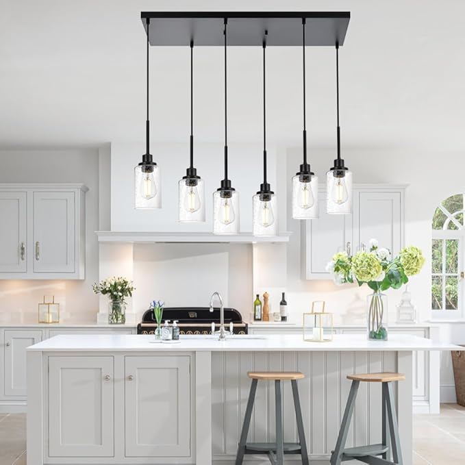TODOLUZ 6-Lights Black Kitchen Island Light, Linear Pendant Lighting Fixtures with Seeded Glass, Farmhouse Dining Room Chandelier Hanging Lights for Restaurant Living Room