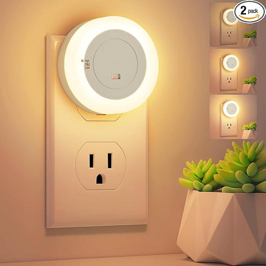 FOLKSMATE LED Night Lights Plug in, Dimmable Nightlight Plug Into Wall with Light Sensor, Soft White Adjustable for Adults, Bedroom, Bathroom, 2-Pack