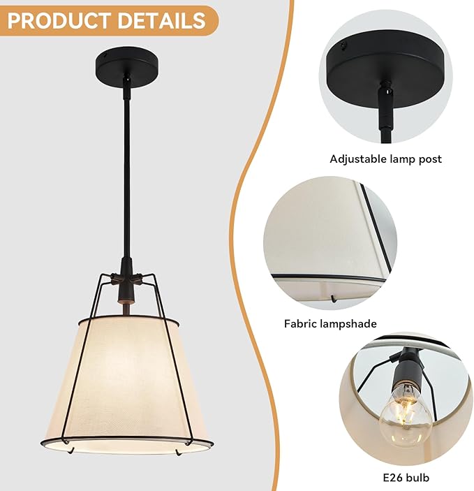 Modern Pendant Light Fixtures with 13" Off-White Linen Fabric Shade, Adjustable Hanging Light Fixture,Drum Black Vintage Chandelier for Kitchen Island Bedroom Dining Room Foyer Entryway