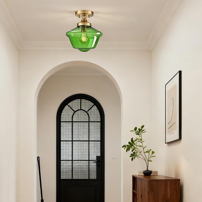 SAMTEEN Schoolhouse Light Fixtures Gold Ceiling Light 10-Inch Modern Green Glass Semi Flush Mount Ceiling Light Vintage Brass Hallway Light Fixtures for Bedroom Kitchen Entryway Living Room