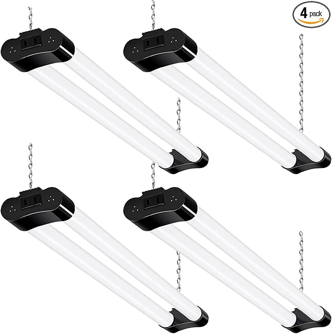 hykolity 4 Pack 2FT LED Shop Lights, 22W (200W Equivalent) 2400LM, 5000K Daylight White, Linkable Garage Light for Ceiling, Workshop, Basement, Hanging or Surface Mount with Plug,Black - ETL