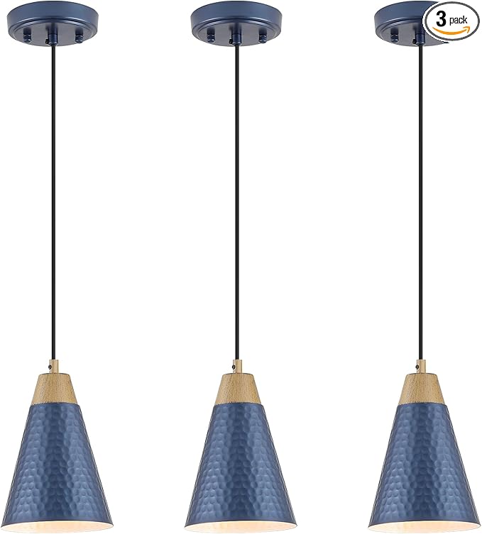 Dijiahua Blue Kitchen Pendant Lighting Over Island 3 Pack,Small Modern Farmhouse Chandeliers Navy Hammered Metal Shade,Mini Vintage Adjustable Cord Hanging Ceiling Lamp Fixtures Over Sink
