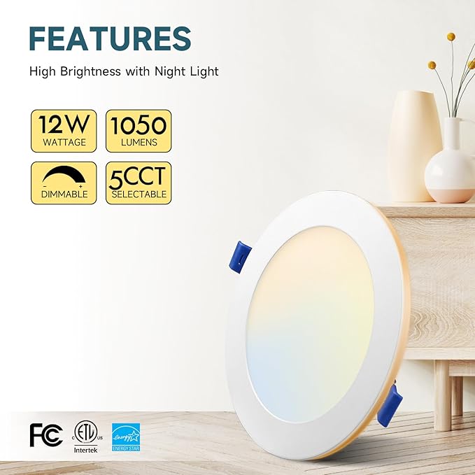 ECOELER 6 Inch 5CCT LED Recessed Ceiling Light with Night Light, 2700K/3000K/3500K/4000K/5000K Selectable Canless Recessed Lighting, 12W 1050lm, Dimmable Ceiling Downlight, ETL&FCC, 6 Pack