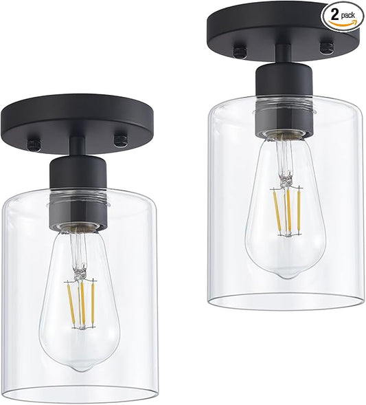 YYT Black Hallway Light Fixtures Ceiling 1-Light Semi Flush Mount Ceiling Light Small Kitchen Cieling Lights Black Hallway Light Fixtures Single Light Fixture with Clear Glass Shade Set of 2