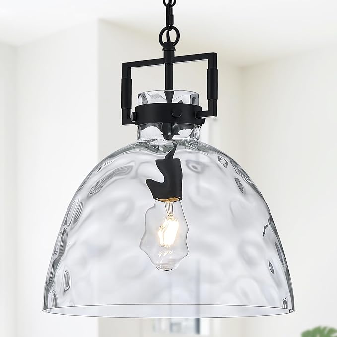Glass Pendant Light, 13.8 Inch Single Hanging Ceiling Light with Adjustable Chain, E26 Base Oversized Hammered Clear Glass Kitchen Island Pendant Lighting in Matte Black for Dining Room, Entryway