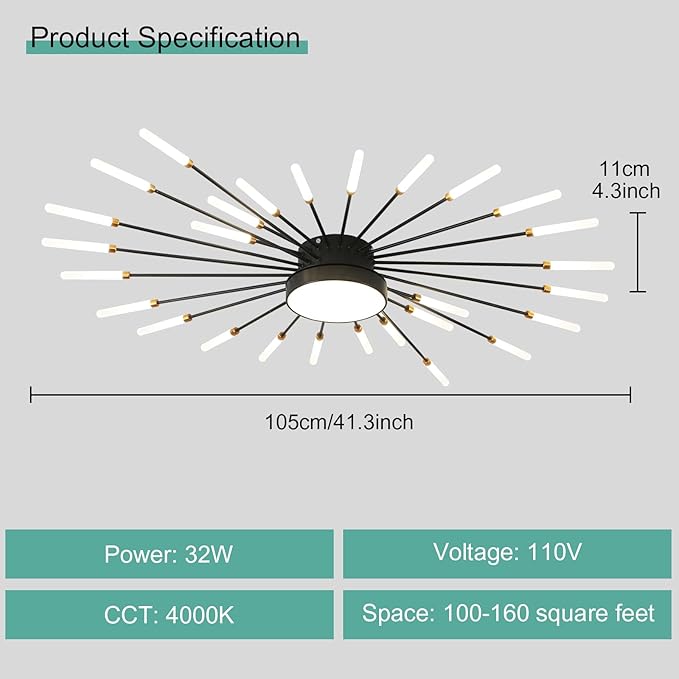 ziidoo Modern Ceiling Light, 28+1 Lights Metal Firework Designed Chic Led Lighting Fixture for Farmhouse Kitchen Dining Room Bedroom Hallway Living Room (Black)