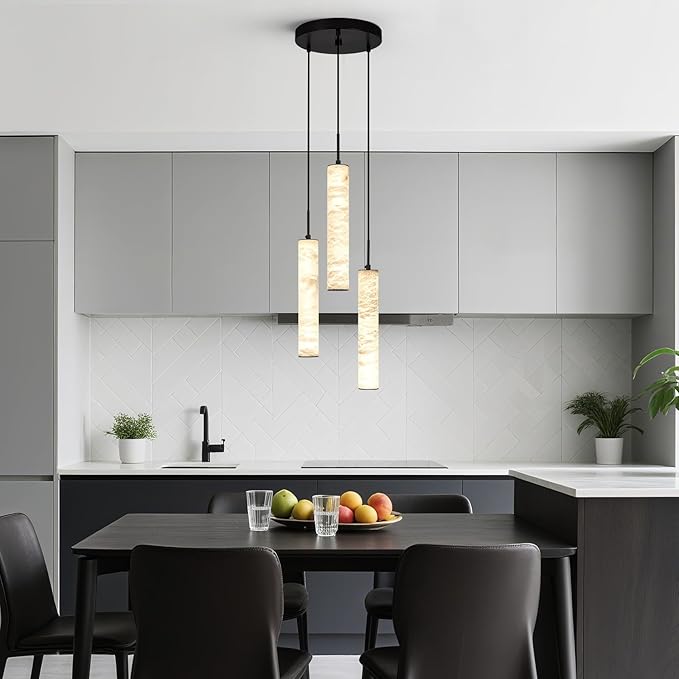 LMQNINE Natural Alabaster Pendant Lights for Kitchen Island White Marble Long Tube Chandelier 4000K Modern Black Ceiling Light Fixtures for Bedroom Dining Room Table Living Room Hallway(M-3Light)