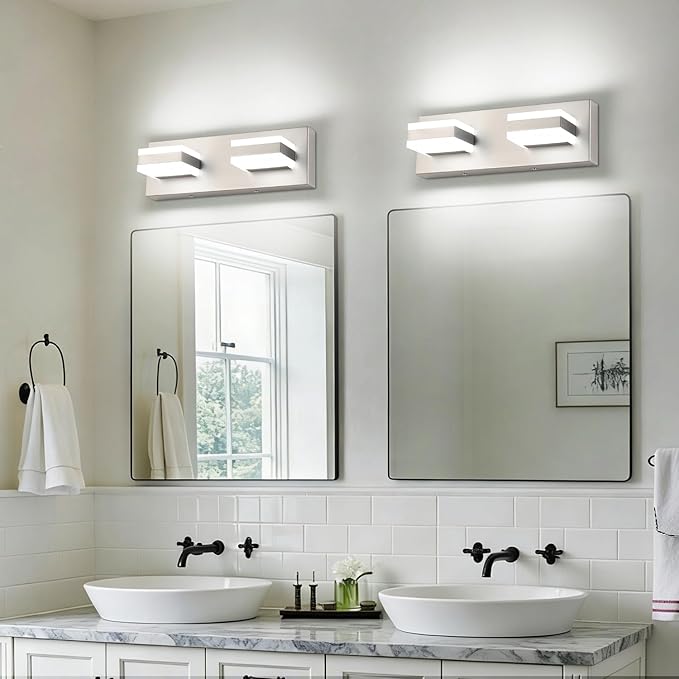 SOLFART 2 Light Brushed Nickel Vanity Lights for Bathroom Over Mirror, Modern LED Lighting Fixture, 14 Inch Cool Light